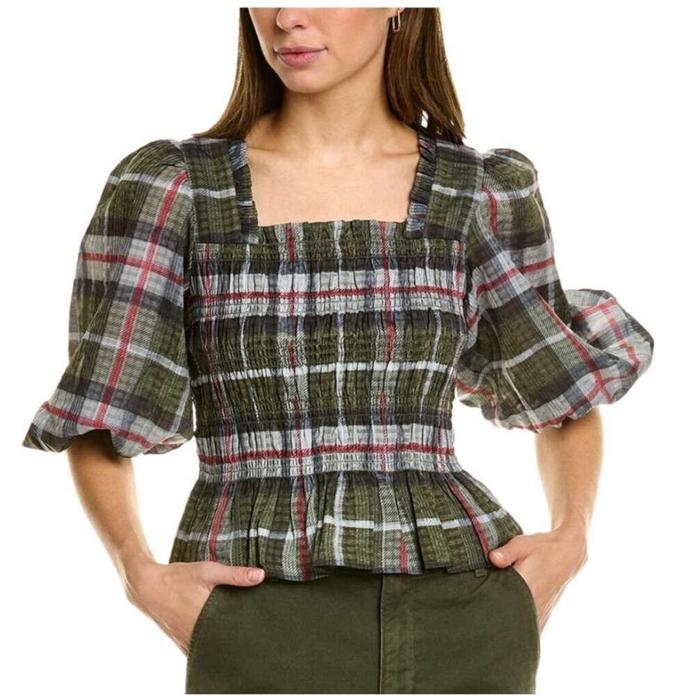 AllSaints Plaid Prairie Puff Sleeve Top